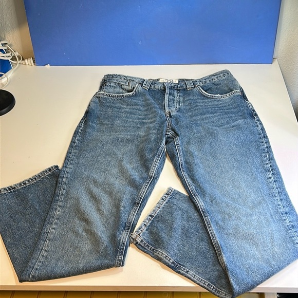 FREE PEOPLE CRVY HIGH WAIST BUTTON FLY BLUE DINEM 100% COTTON SZ 28 - Picture 1 of 12